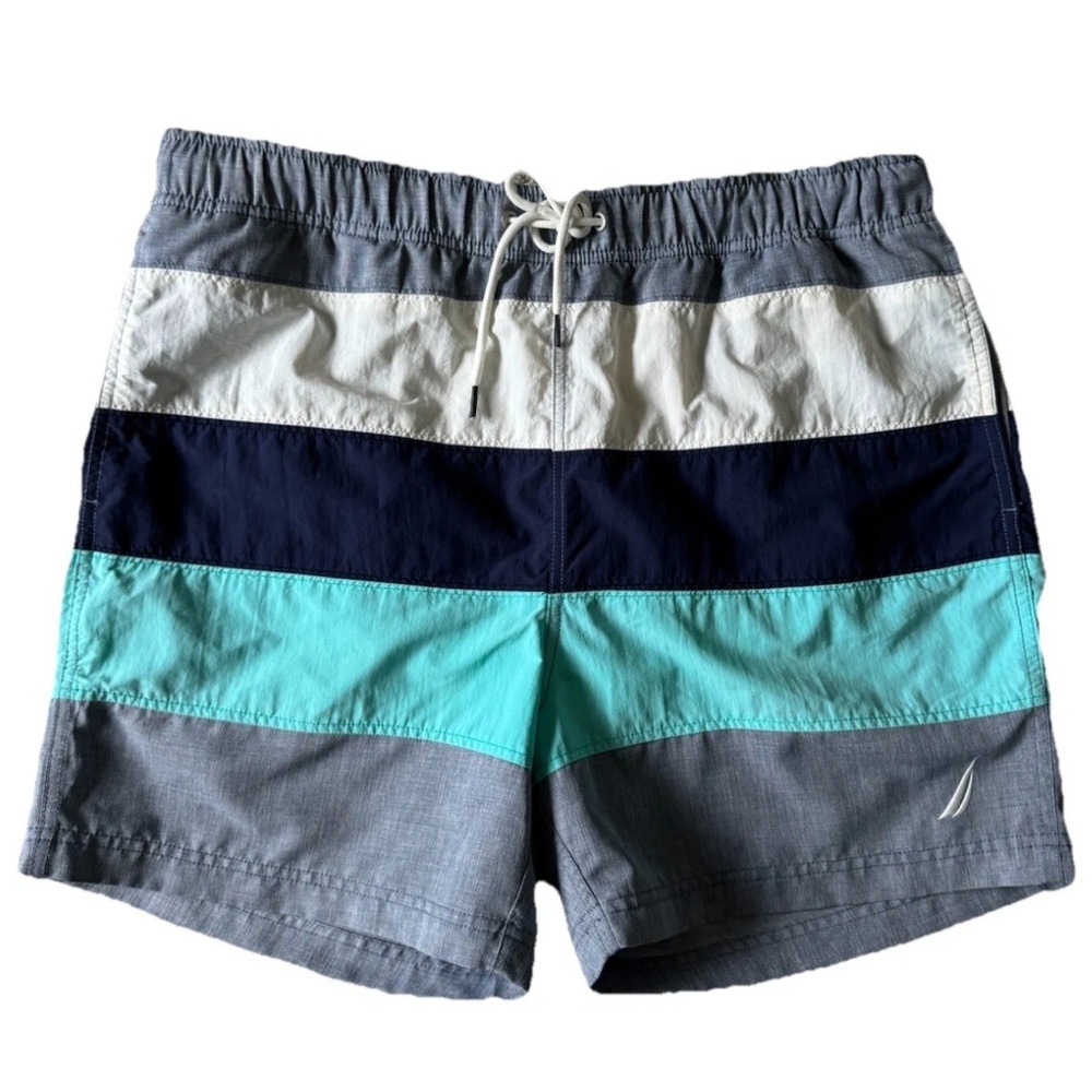 Nautica Mens Swim Trunks Medium Blue White Bathing Suit Shorts 5” Inseam, EUC